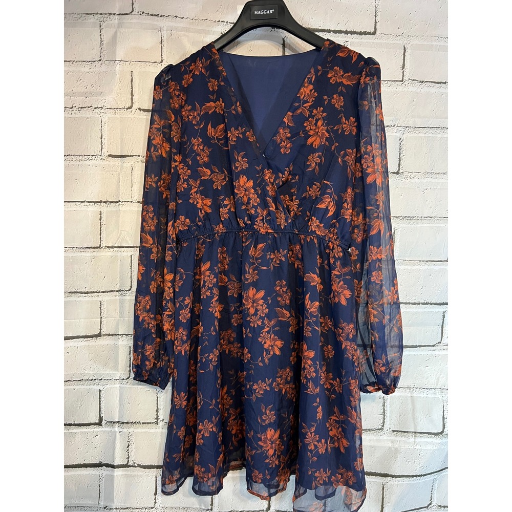 NWT Cupshe Navy Blue Orange Floral V-Neck Long Sleeve Mini Dress XL